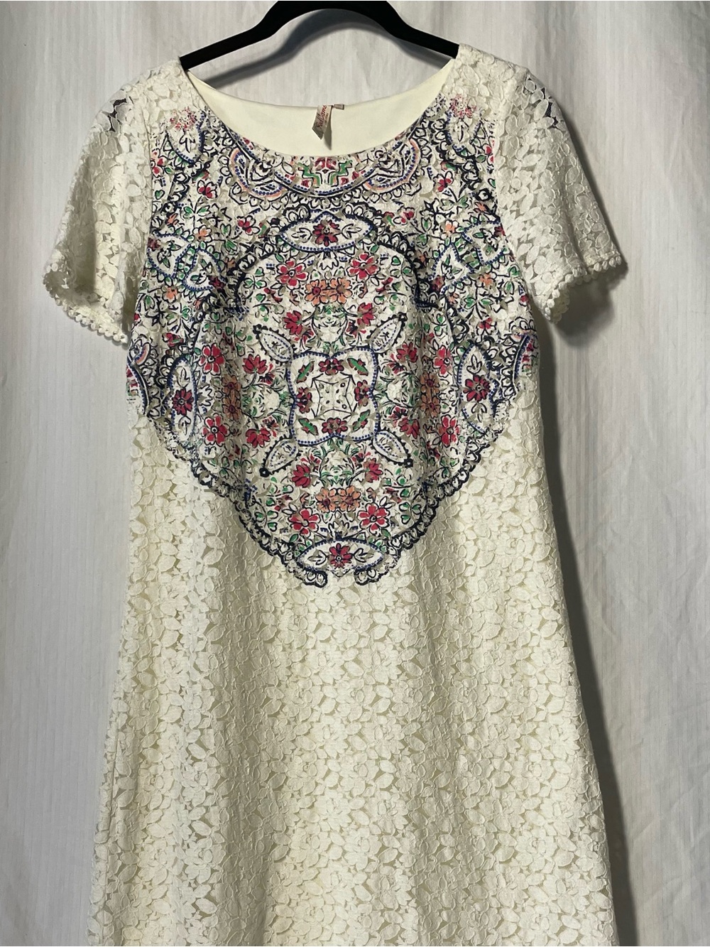 Red Camel Cream Lace Mini Dress with printed Multicolor Floral Medallion